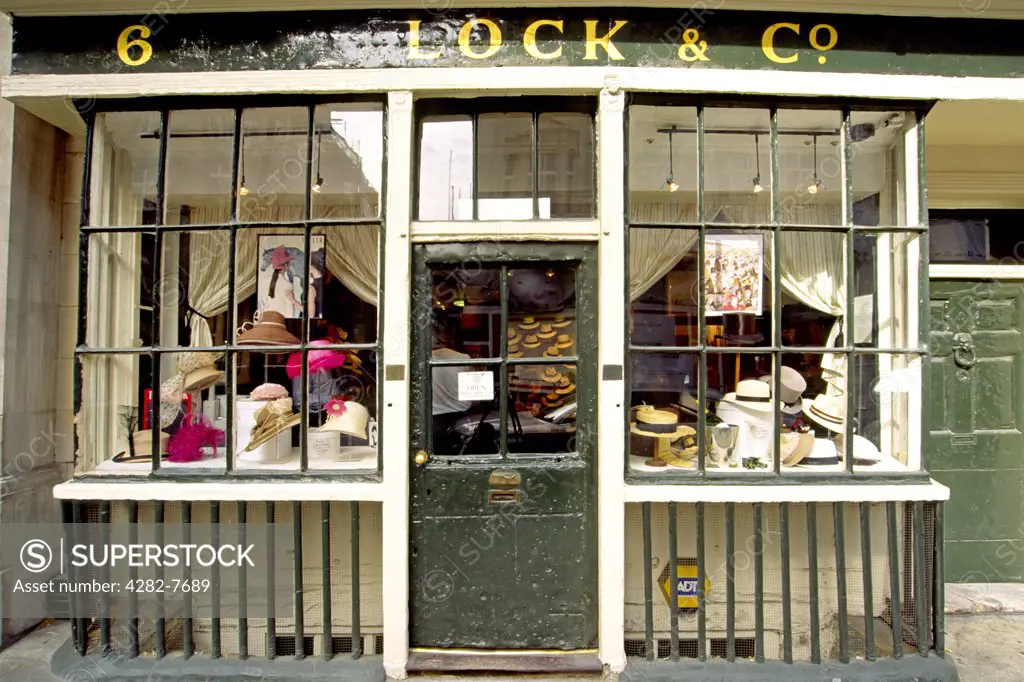 England, London, Westminster. The shopfront of the Victorian era Lock and Co hat shop in London.