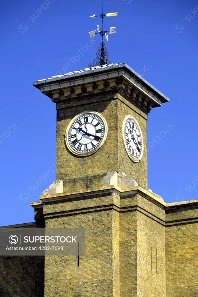 England, London, Kings Cross. The Victorian era clock tower at Kings Cross station in North London.