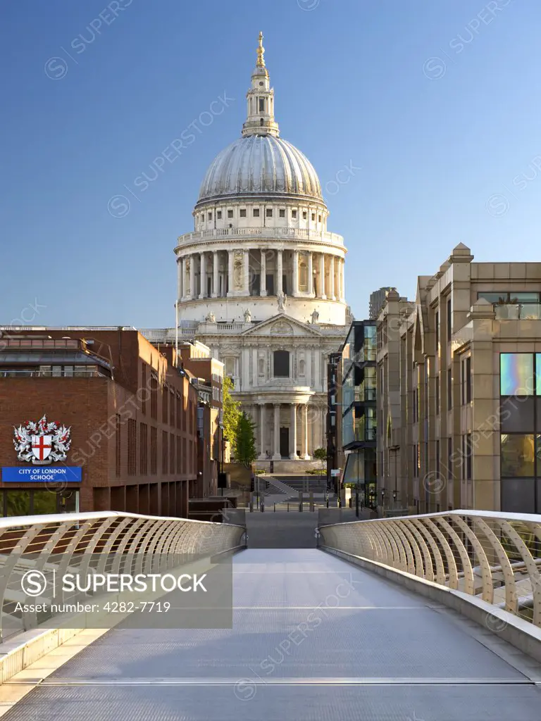 England, London, The City of London. View towards St Paul's cathedral from the Millennium foot bridge.