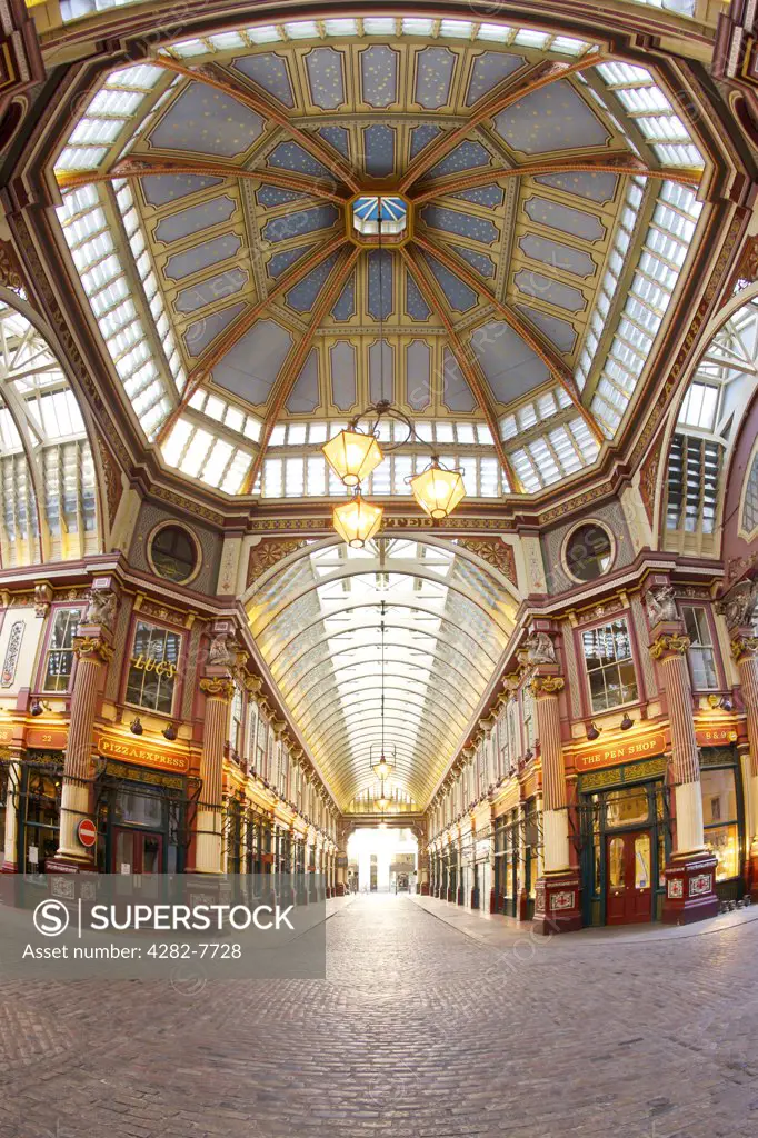 England, London, The City of London. The interior of Leadenhall market, an historic covered market standing at what was the centre of Roman London.