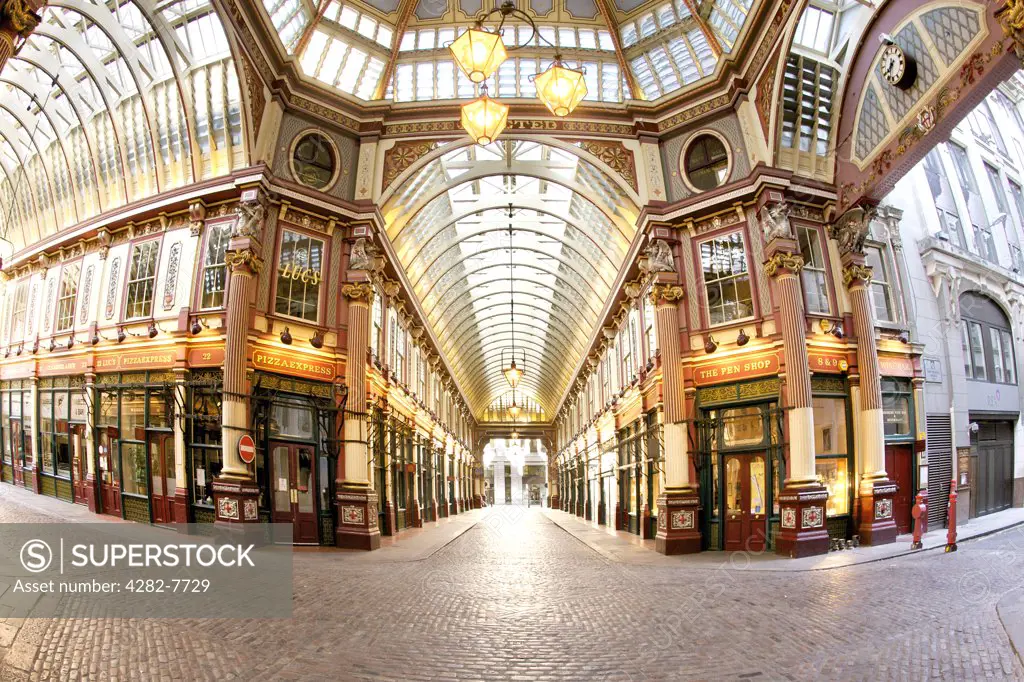 England, London, The City of London. The interior of Leadenhall market, an historic covered market standing at what was the centre of Roman London.