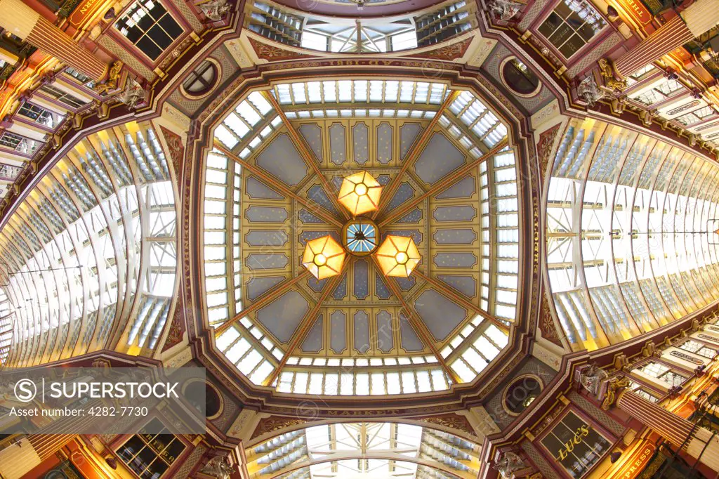 England, London, The City of London. The ornate roof of Leadenhall market, an historic covered market standing at what was the centre of Roman London.