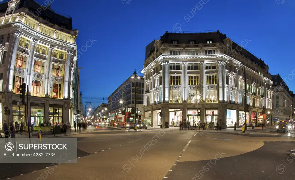 England, London, Oxford Circus. The new road crossing at Oxford Circus marked with a large X allowing pedestrians to cross diagonally as well as laterally.