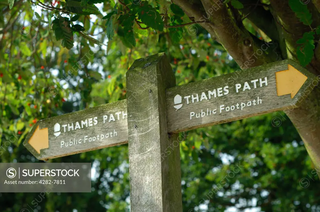 England, Buckinghamshire, Marlow. The Thames Path signpost. The Thames Path is a National Trail which was opened in 1996 and  is about 184 miles long.