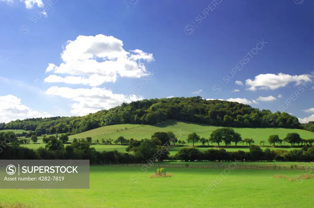 England, Buckinghamshire, Fingest. View across fields and hill with blue sky and clouds at Fingest. The name Fingest comes from the Anglo Saxon name Thinghurst meaning 'wooded hill where assemblies are made'.