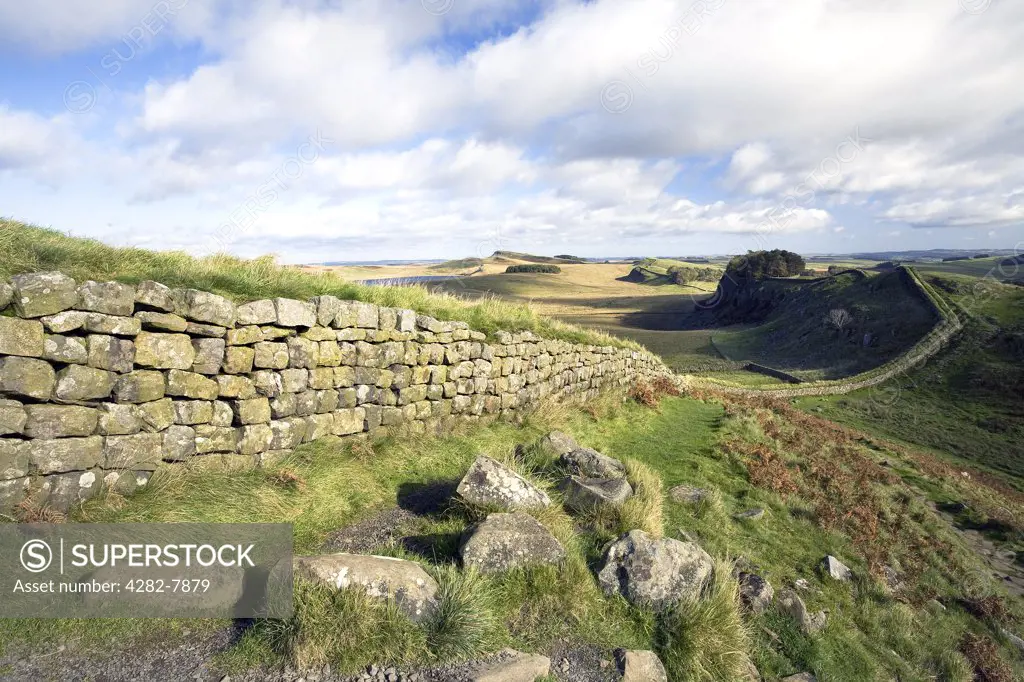England, Northumberland, Housesteads. Looking east towards Hotbank Crags and beyond on Hadrians Wall.