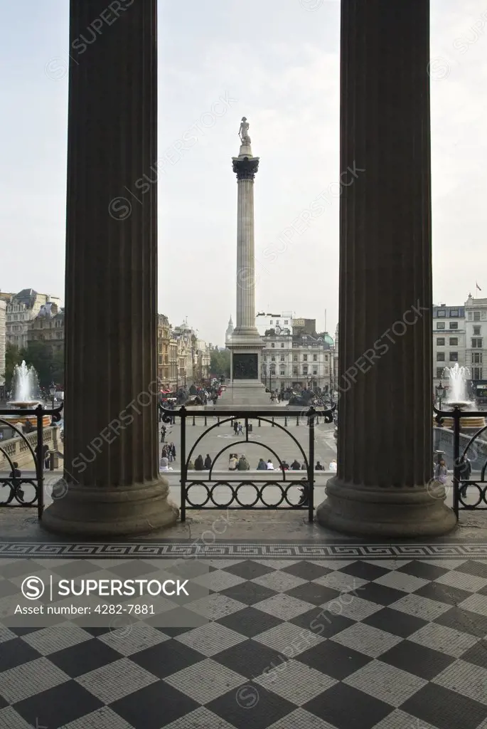 England, London, Trafalgar Square. A view from the National Gallery across Trafalgar Square towards Nelsons Column.