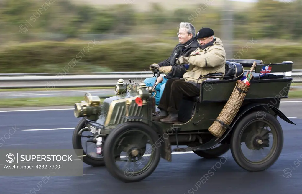 England, City of Brighton and Hove, Brighton. Participants in the London to Brighton veteran car run on the A23 approaching Brighton.