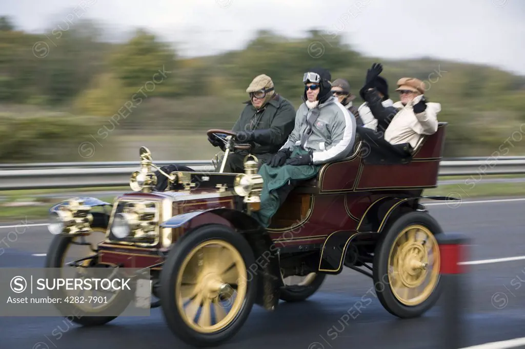 England, City of Brighton and Hove, Brighton. Participants in the London to Brighton veteran car run on the A23 approaching Brighton.