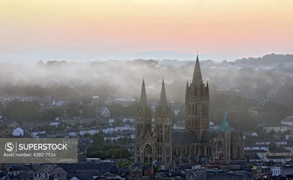 England, Cornwall, Truro. A misty sunrise over the town of Truro and its Cathedral.
