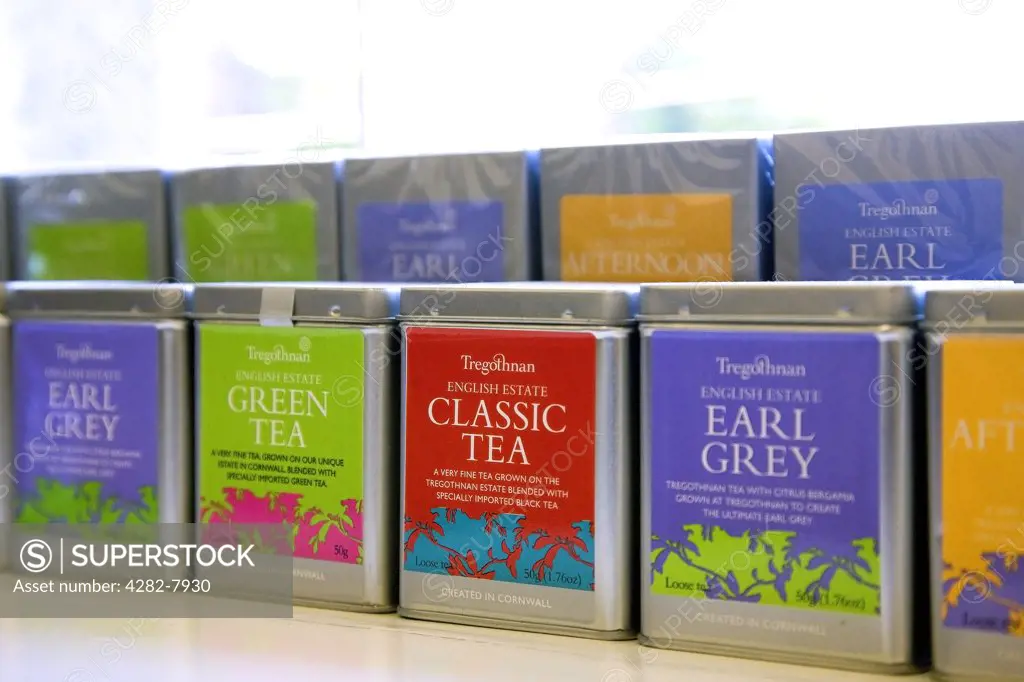 England, Cornwall, Tregothnan Estate. A close up of a range of luxury brand Tregothnan Estate teas.