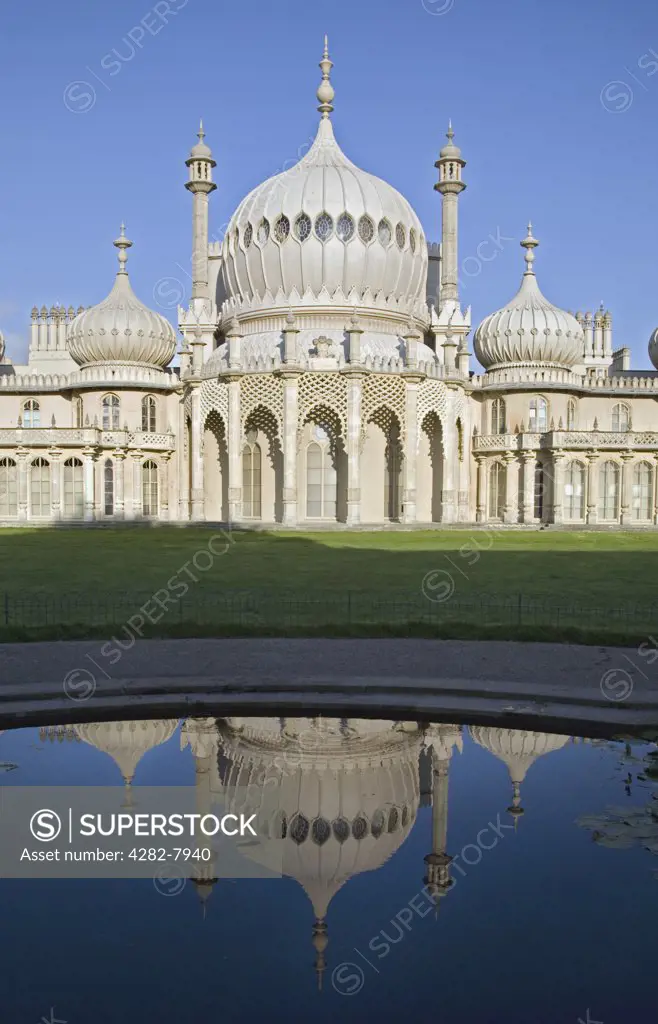 England, City of Brighton and Hove, Brighton. Reflections in the water of Brighton Pavillion.