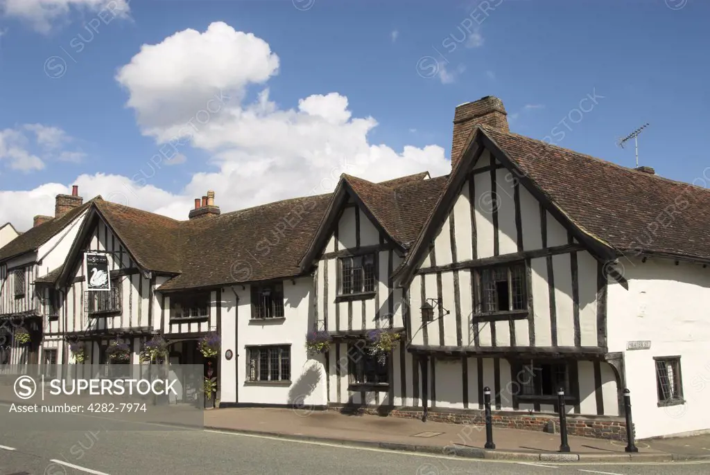 England, Suffolk, Lavenham. The Swan Hotel, an English country hotel in a half-timbered medieval building dating back to the 15th century.