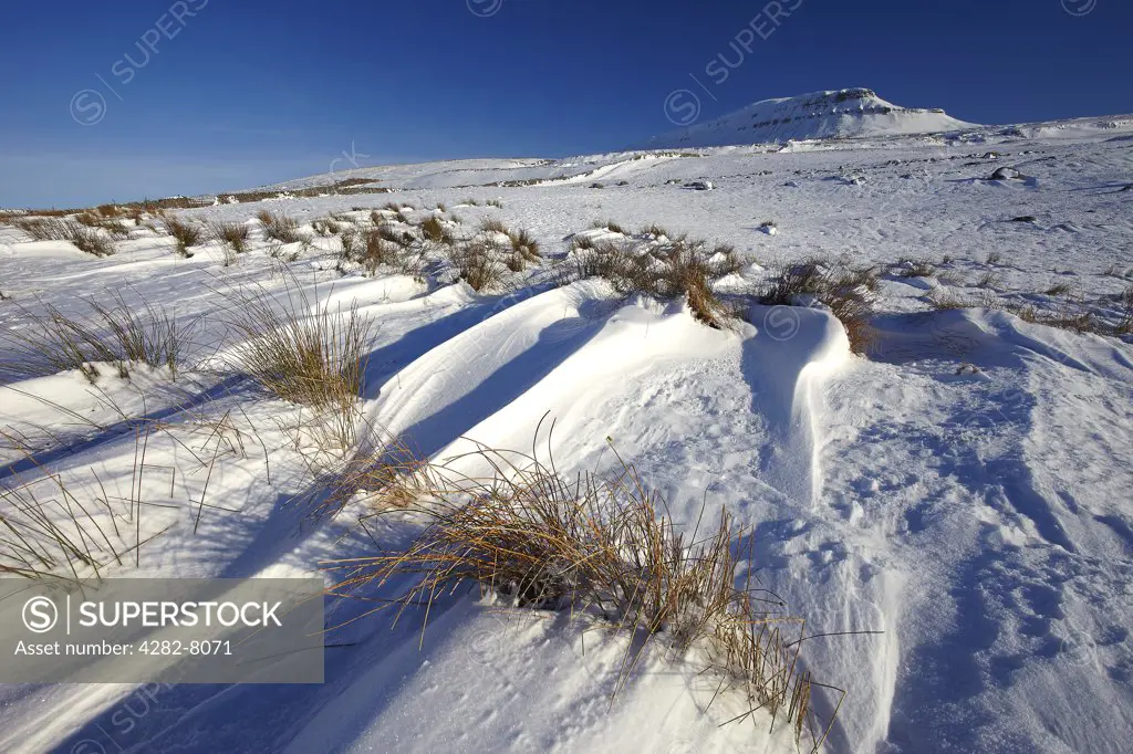England, North Yorkshire, Horton-in-Ribblesdale. Snow covering Pen-y-ghent, a fell in the Yorkshire Dales and one of the Yorkshire Three Peaks, in winter.