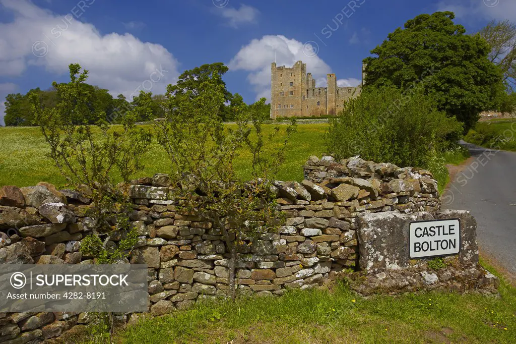 England, North Yorkshire, Castle Bolton. Sign on the roadside for the village of Castle Bolton from which Bolton Castle takes its name.