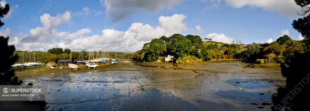 England, Cornwall, St. Just-in-Roseland. Boats stored on the tidal creek at St. Just-in-Roseland.