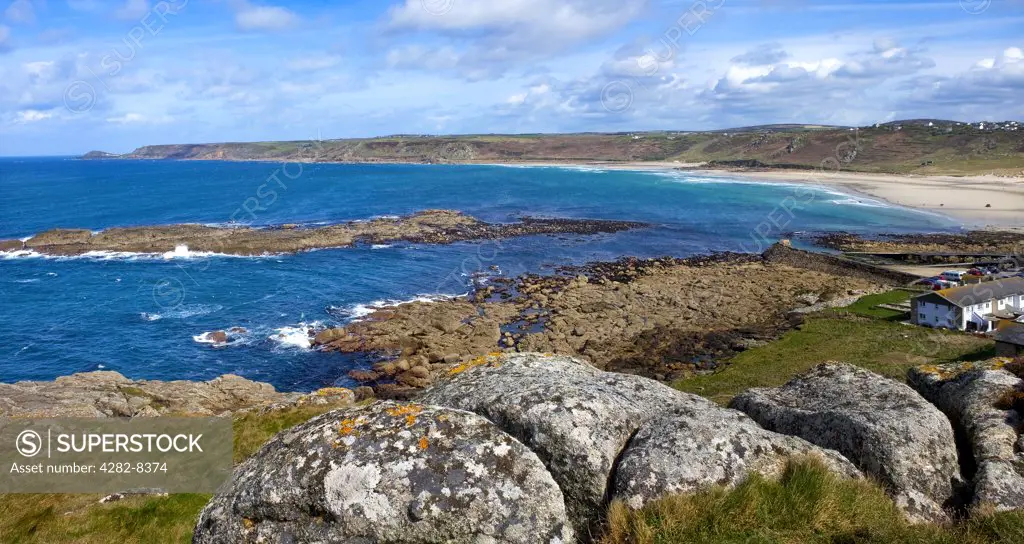 England, Cornwall, Sennen. A panoramic view of Sennen Cove, a renowned surfing location in Cornwall.