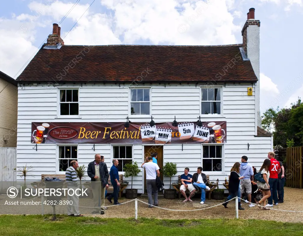 England, Essex, Stock. Customers socialising outside The Hoop Public House during the annual beer festival.