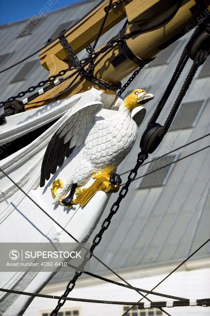 England, Kent, Chatham. The figurehead of HMS Gannet, a sloop of the Victorian Royal Navy at The Historic Dockyard Chatham.