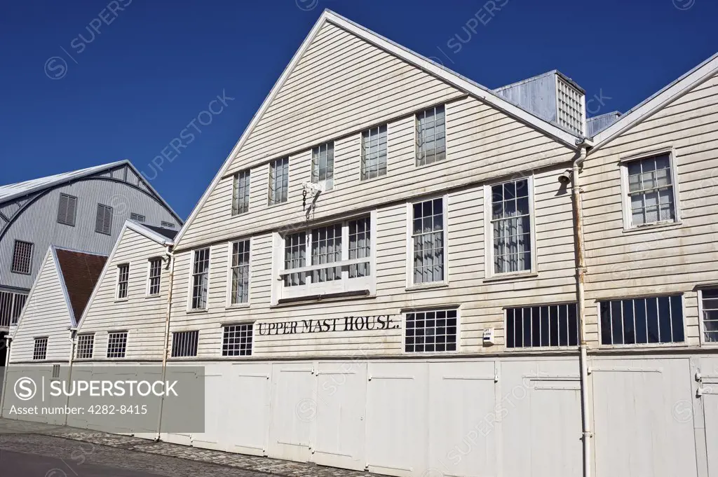England, Kent, Chatham. The Upper Mast House, one of seven interlinked, timber framed mast houses, built largely from reused warship timbers at the Historic Dockyard Chatham.