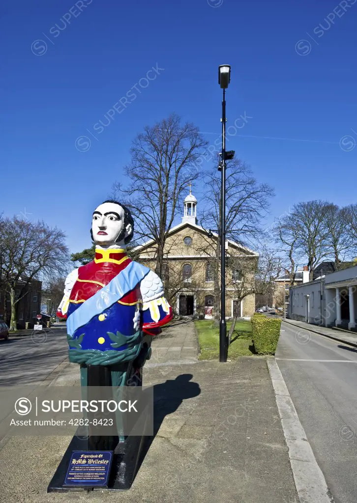 England, Kent, Chatham. The figurehead of HMS Wellesley inside the main gates of the Historic Dockyard Chatham.