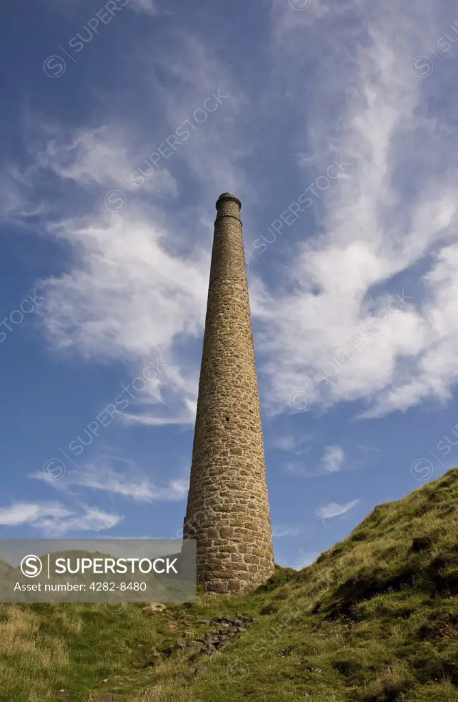 England, Cornwall, Botallack. A ventilation stack at Crown Mines, a former tin mining site on the cliffs north of Botallack.