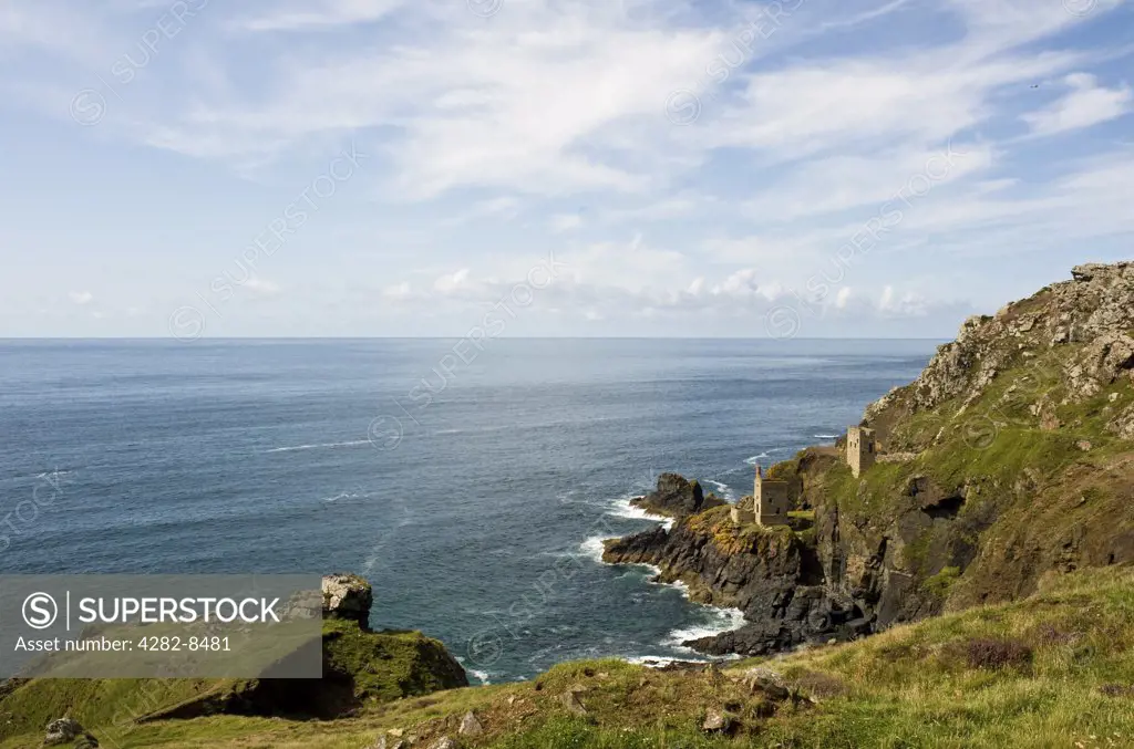 England, Cornwall, Botallack. Engine houses at Crown Mines, former  tin mines on the Cornish coast north of Botallack.