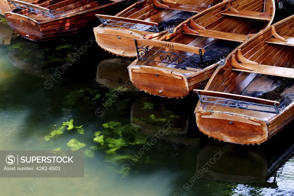 England, Essex, Dedham. Rowing boats available for hire on the River Stour in Dedham.