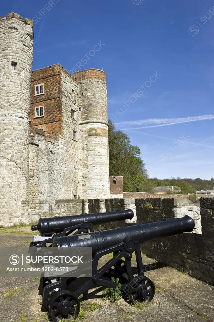 England, Kent, Upnor. Two cannons positioned on the bastion at Upnor Castle, an Elizabethan artillery fort built in 1559 to protect warships moored at Chatham dockyards.