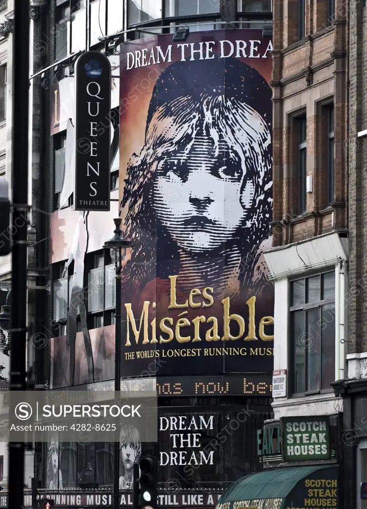 England, London, Shaftesbury Avenue. A large Les Miserables banner on the outside of the Queens Theatre in Shaftesbury Avenue.