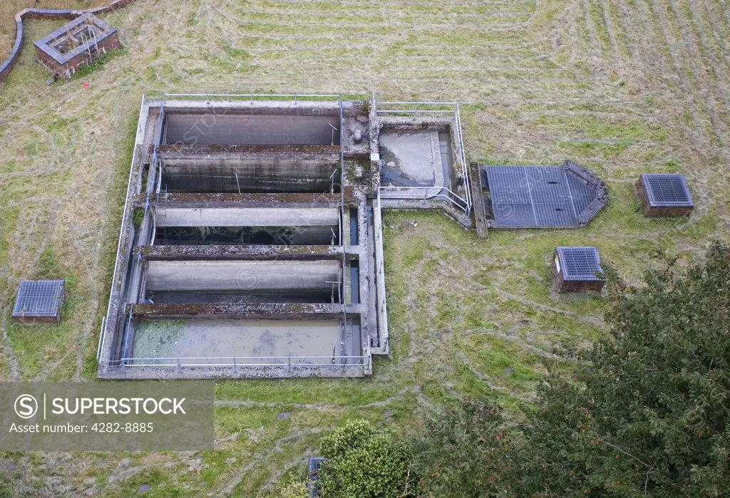Wales, Wrexham, Pontcysyllte. Settling tanks at a sewage treatment works, viewed from the Pontcysyllte Aqueduct.