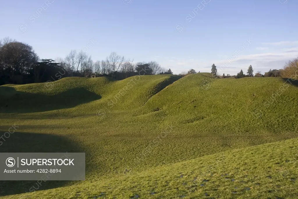 England, Gloucestershire, Cirencester. The earthwork remains of Cirencester (Corinium) Amphitheatre, one of the largest Roman amphitheatres in Britain, built in the early 2nd century.