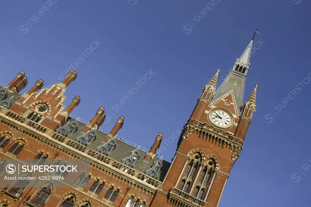 England, London, St Pancras. The Victorian architecture and clock tower of St Pancras Station in London.