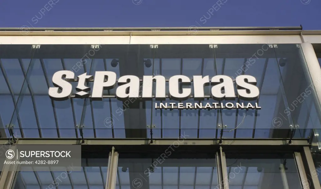 England, London, St Pancras. St Pancras International Station sign at the new home of Eurostar.