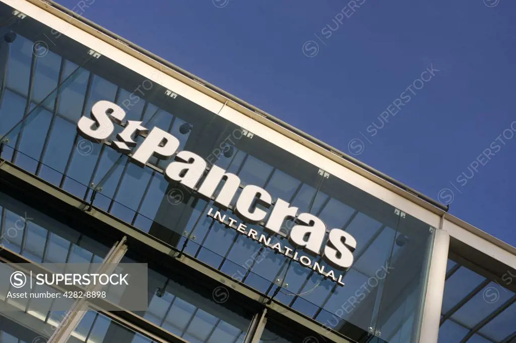 England, London, St Pancras. St Pancras International Station sign at the new home of Eurostar.