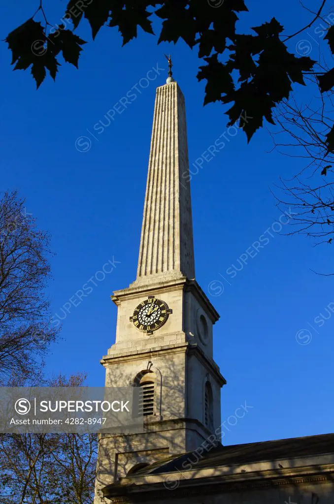 England, London, Old Street. The obelisk spire of St Luke, a historic Anglican church now a music centre operated by the London Symphony Orchestra and known as LSO St Luke's.