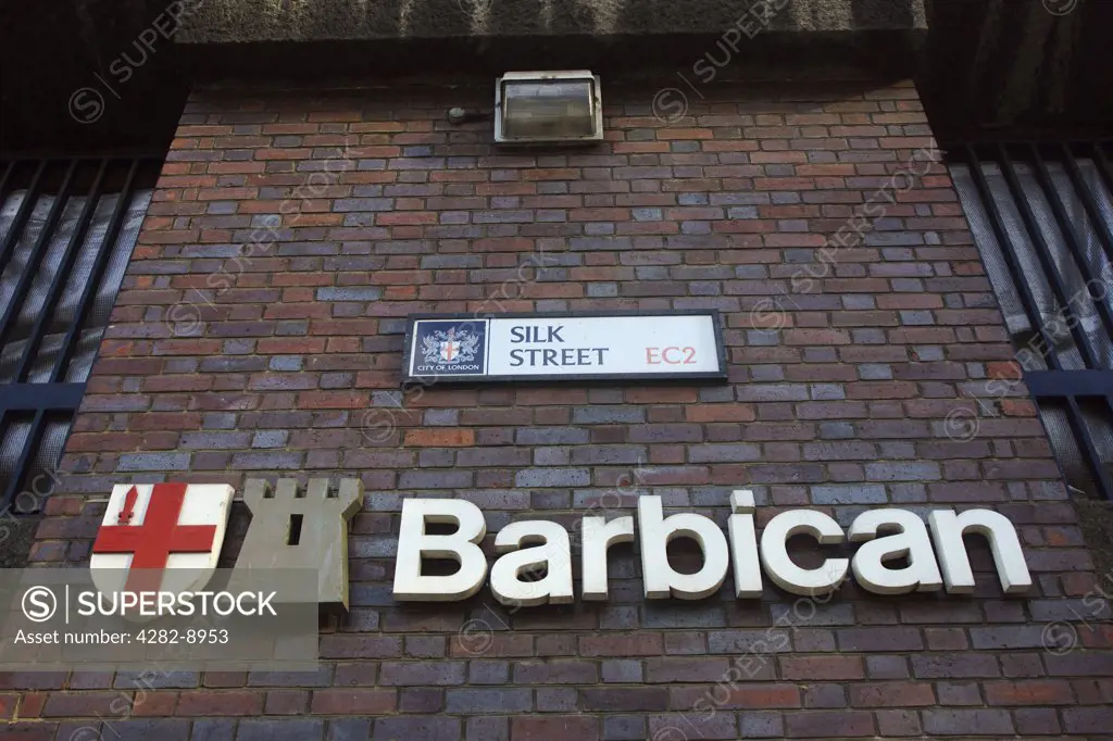 England, London, Barbican. Barbican sign in Silk Street in the City of London. The Barbican is Europe's largest multi-arts and conference venue.