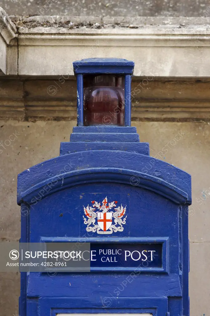 England, London, City of London. An old Police box in the City of London. The callbox was for use by the public to contact the police or for police work. It is probably best known as the TARDIS, a time machine in the television series 'Doctor Who'.