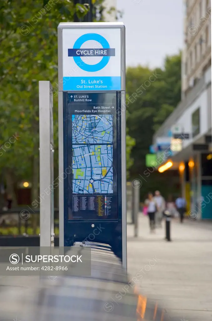 England, London, Old Street. A Barclays Cycle Hire docking station.