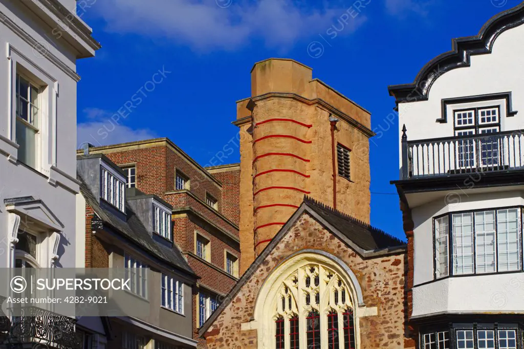 England, Devon, Exeter. The fifteenth century St Martin's Church  and 17th century tower in Cathedral Close. The building is now a redundant church.