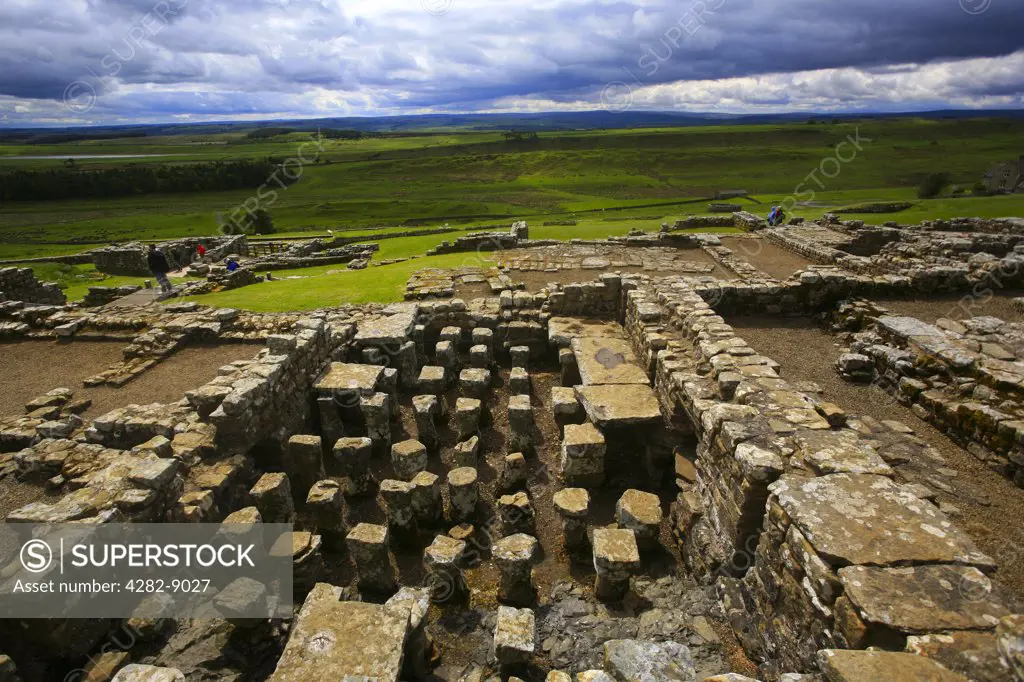 England, Northumberland, Haydon Bridge. The remains of the commandant's house (praetorium) at Housesteads Roman Fort, the most complete Roman fort in Britain on Hadrian's Wall.