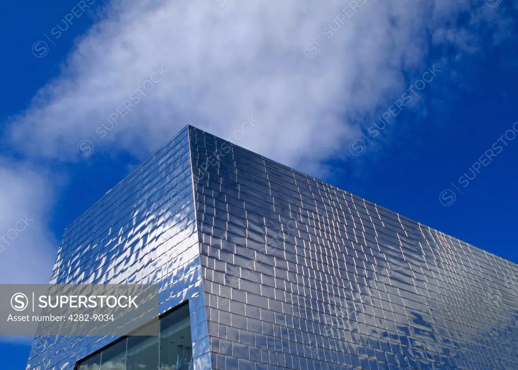 England, Leicestershire, Leicester. Stainless steel shingle cladding on an iconic new building at Highcross Leicester, a leisure destination offering shops, restaurants and a cinema.