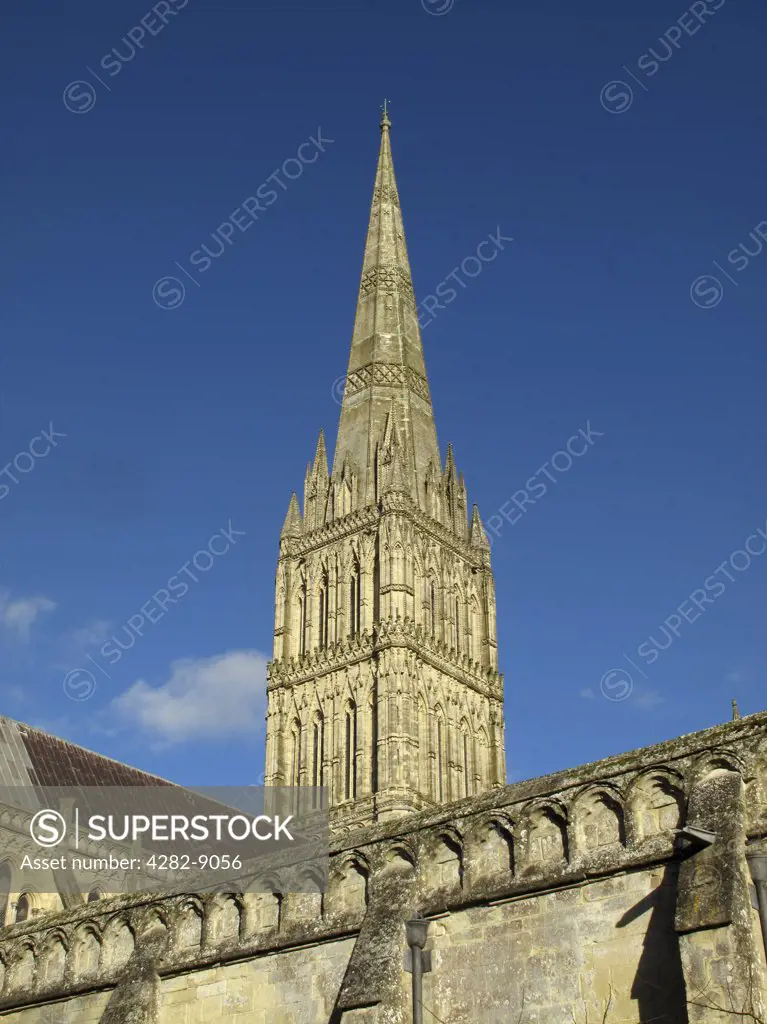 England, Wiltshire, Salisbury. The spire of Salisbury Cathedral, the tallest church spire in the UK.