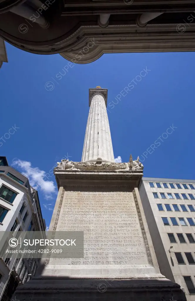 England, London, City of London. The Monument, built to commemorate the Great Fire of London and to celebrate the rebuilding of the City.