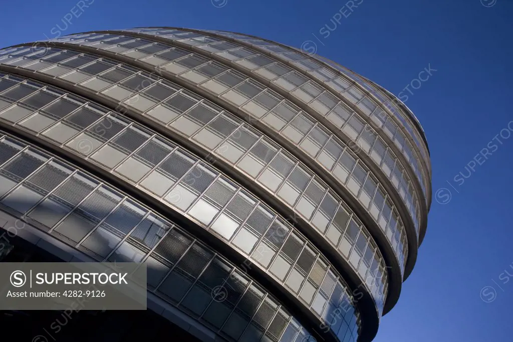 England, London, Southwark. City Hall, designed by Norman Foster, opened in 2002. It is the headquarters of the Greater London Authority (GLA) comprising of the Mayor of London and the London Assembly.