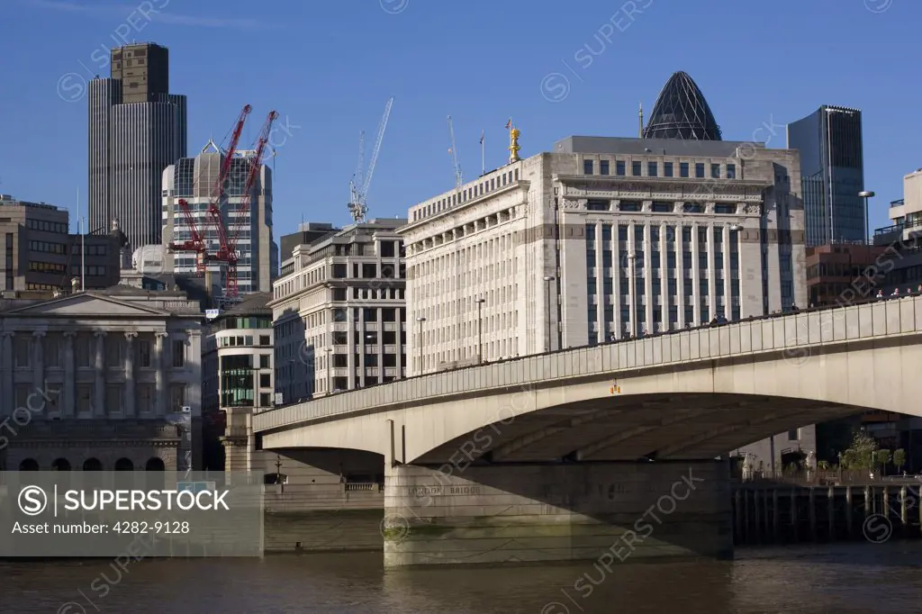 England, London, London Bridge. London Bridge connecting Southwark on the South Bank and the City of London on the North Bank of the River Thames.