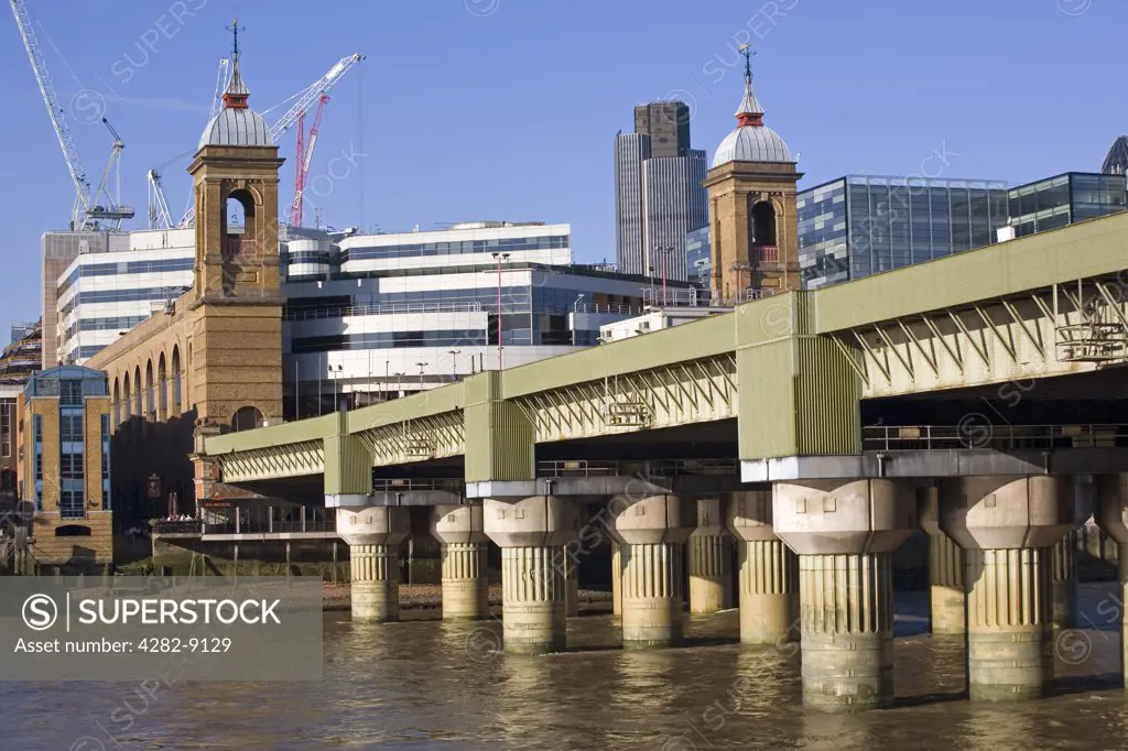England, London, Cannon Street. Cannon Street railway bridge and station over the River Thames.