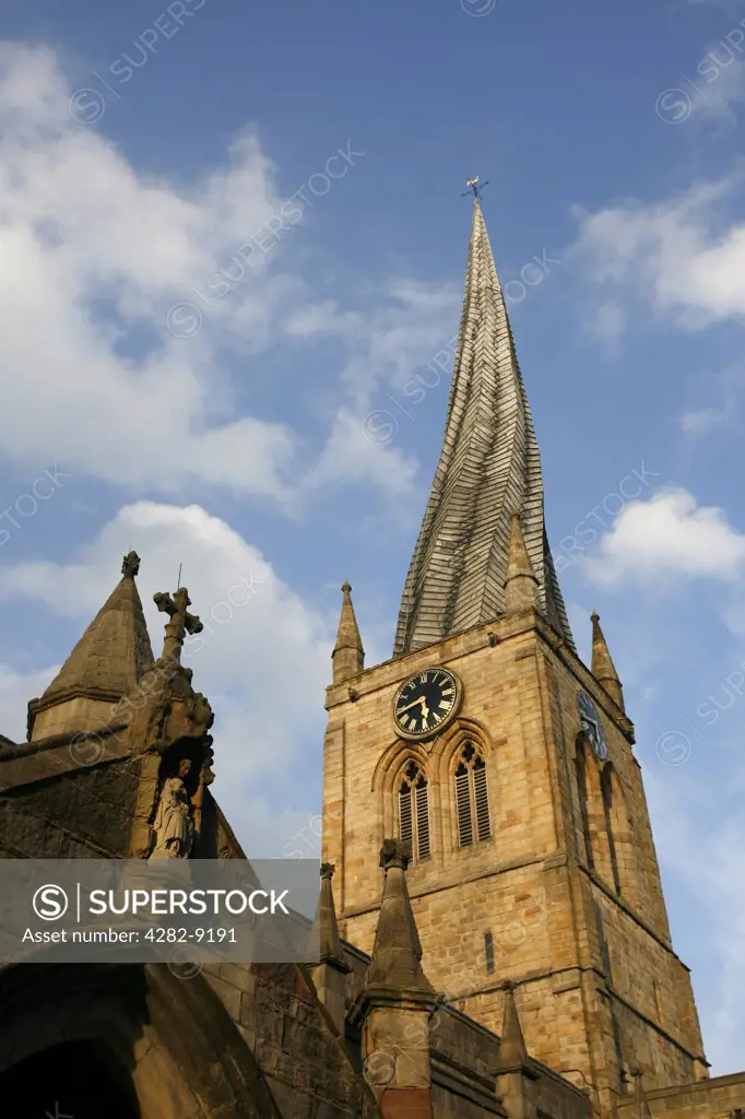 England, Derbyshire, Chesterfield. Unusual twisted spire of St Mary's parish church and All Saints in Chesterfield.