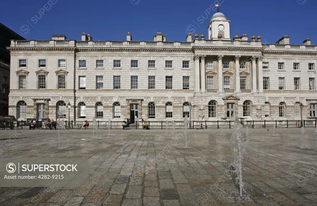 England, London, The Strand. A view of the courtyard and fountains at Somerset House in London.