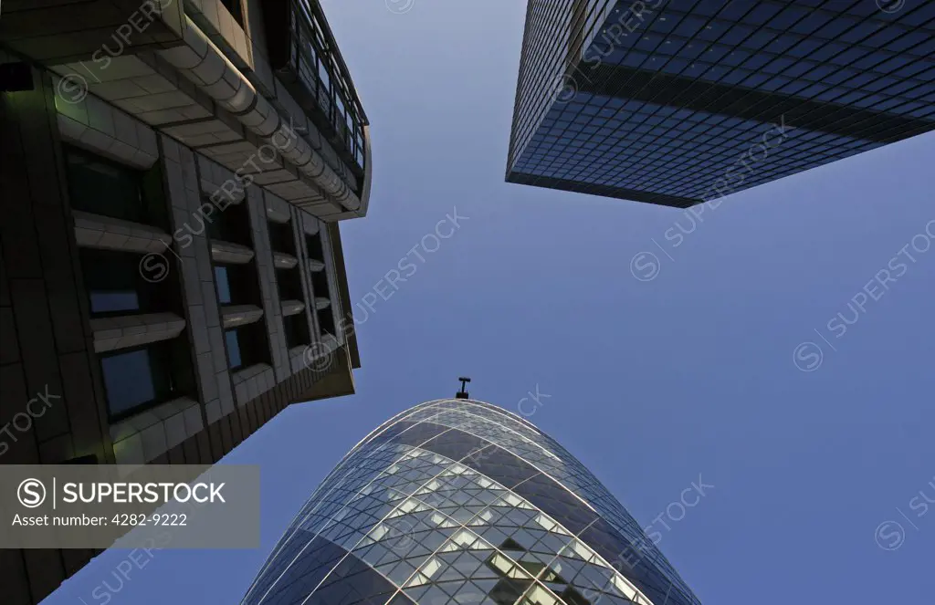 England, London, The City. 30 St Mary Axe which is also known as the Gherkin is a skyscraper in the main financial district of London.